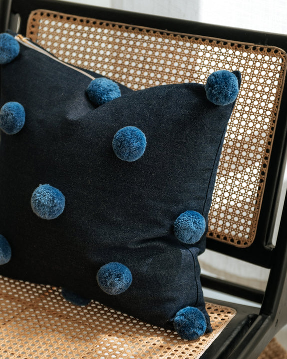 Pom Pom Pillow Blue